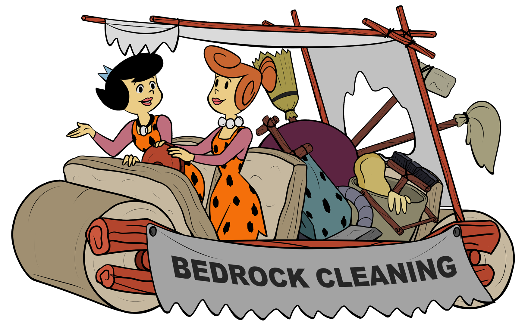 hero-img Cartoon women in stone-age cleaning vehicle.